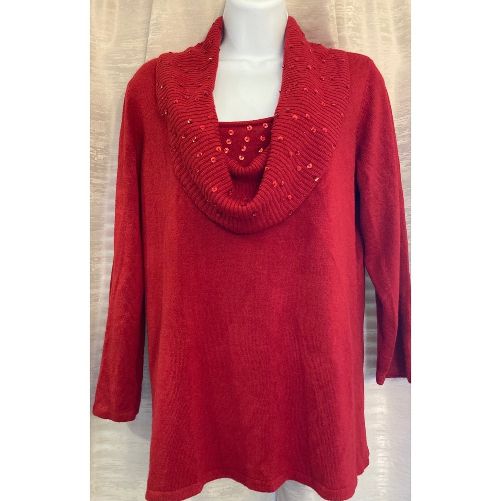 Carolyn Taylor Red Sequin Cowl‎ Neck Sweater Tunic Top Womens Size L